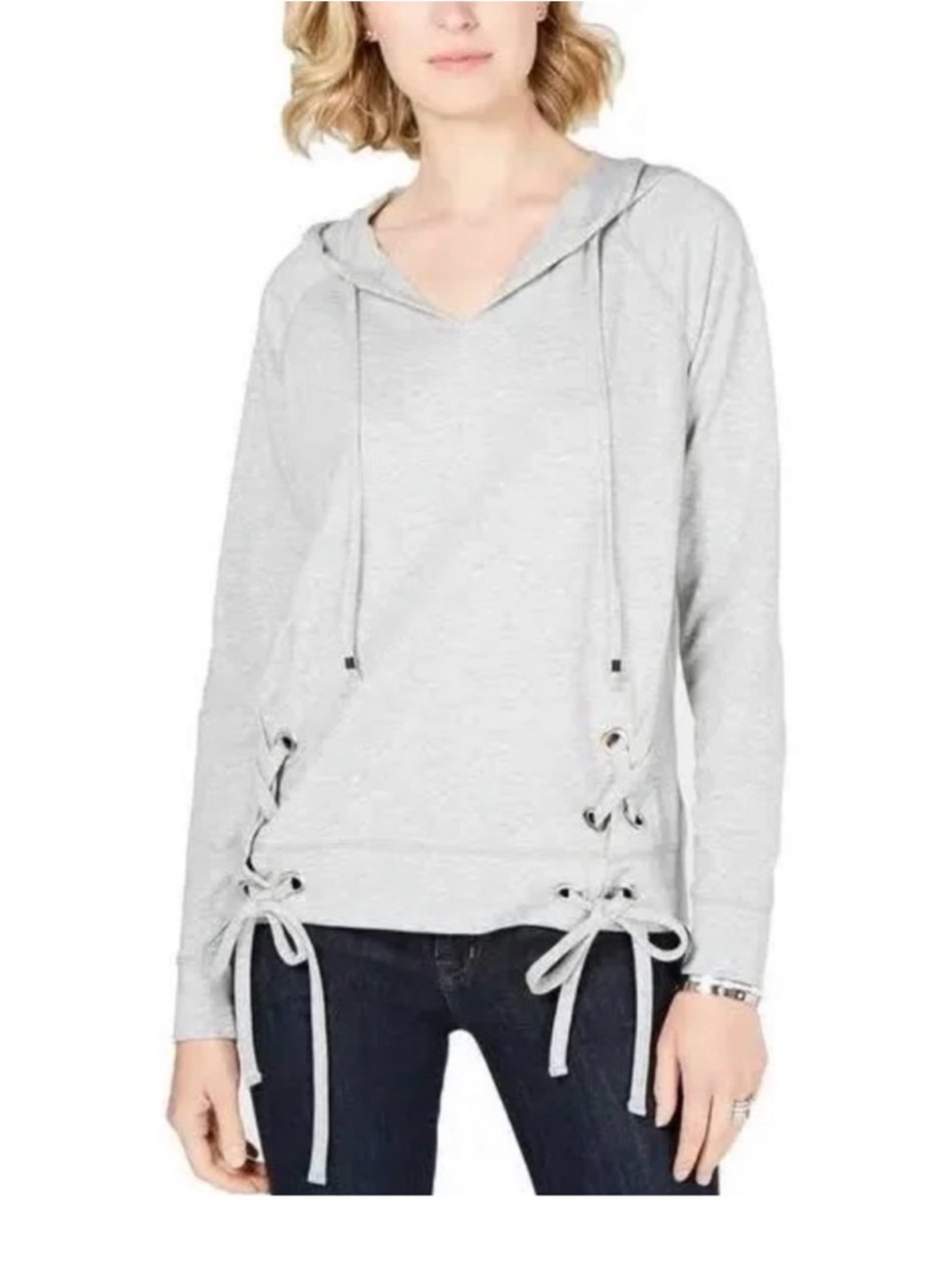 Michael Kors Women’s Light Gray Hooded Lace-Up Sweatshirt - Size Small